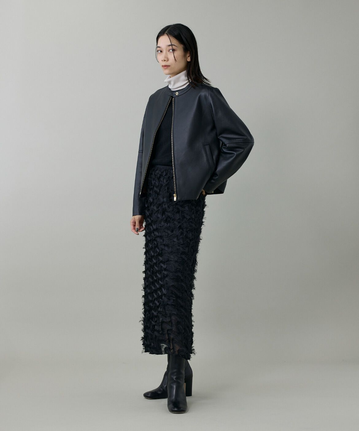 INED「ラムレザー ジップアップブルゾン」|ライダースジャケット|