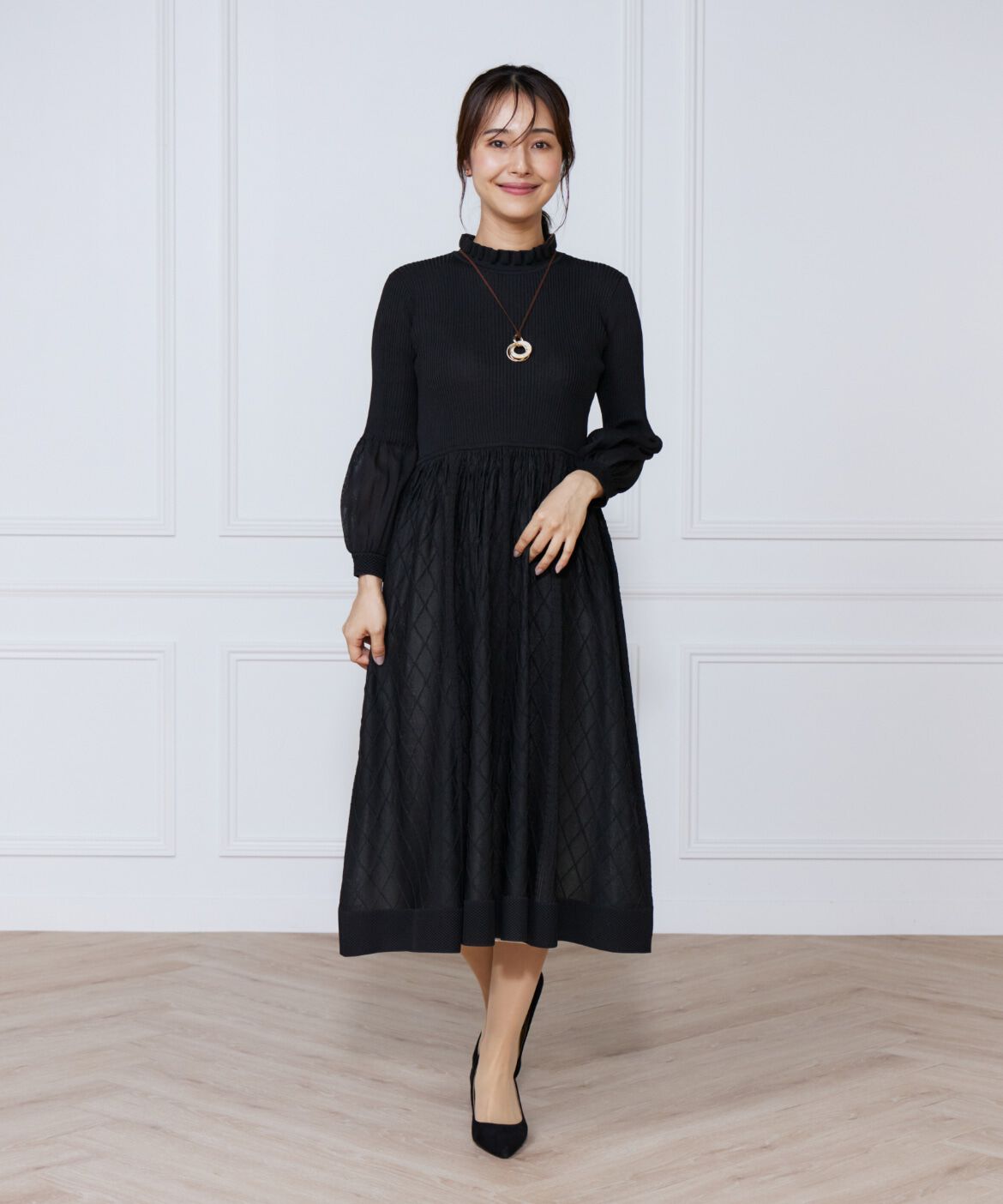 ef-de Black「シアーアーガイル長袖ワンピース」|ワンピース|