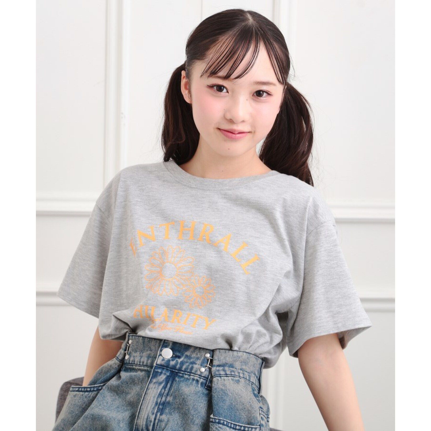 PINK-latte「フラワーモチーフTシャツ」|Tシャツ・カットソー|ライトグレー(031