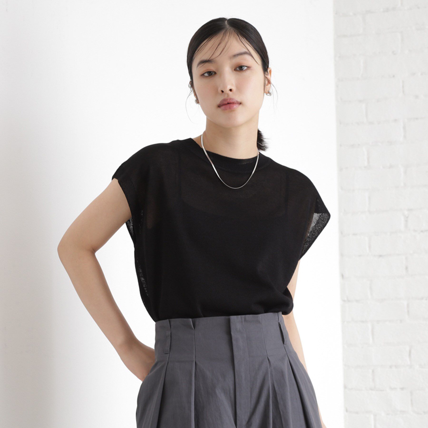 THE SHOP TK「ラメシアーフレンチ袖トップス【セットUP可/洗濯機OK】」|ニット・セーター|ブラック(019)