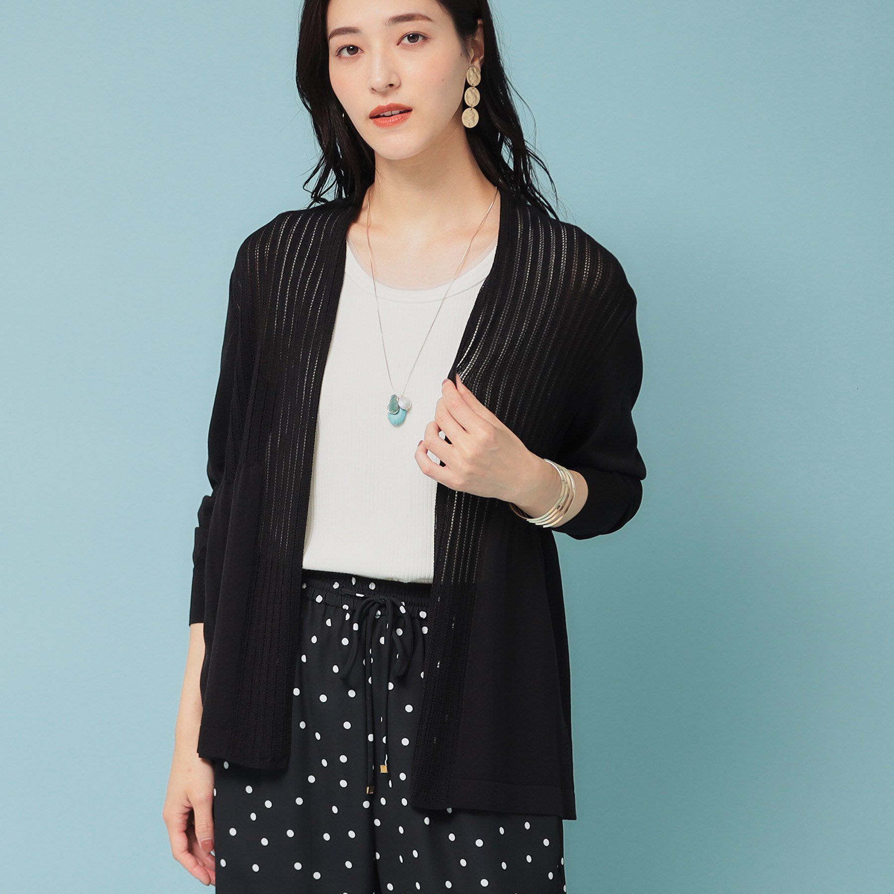 SunaUna「【軽羽織り／日本製】ミドル丈着流しカーディガン」|カーディガン|ブラック(019)
