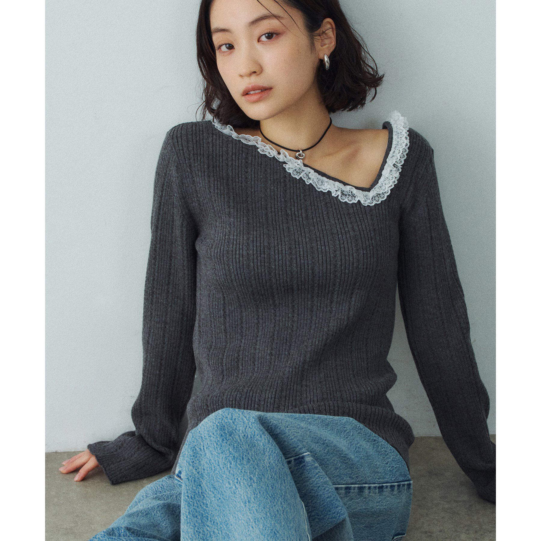 CODE A「lace frill asymmetric knit」|ニット・セーター|