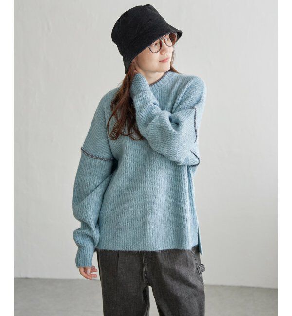 Lbc with Life「配色ステッチ畦ニットプルオーバー」|カーディガン|ライトブルー