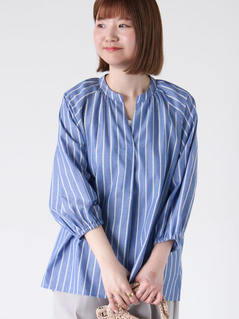 Lugnoncure「【イージーケア】7分袖スキッパーブラウス」|シャツ・ブラウス|ネイビー