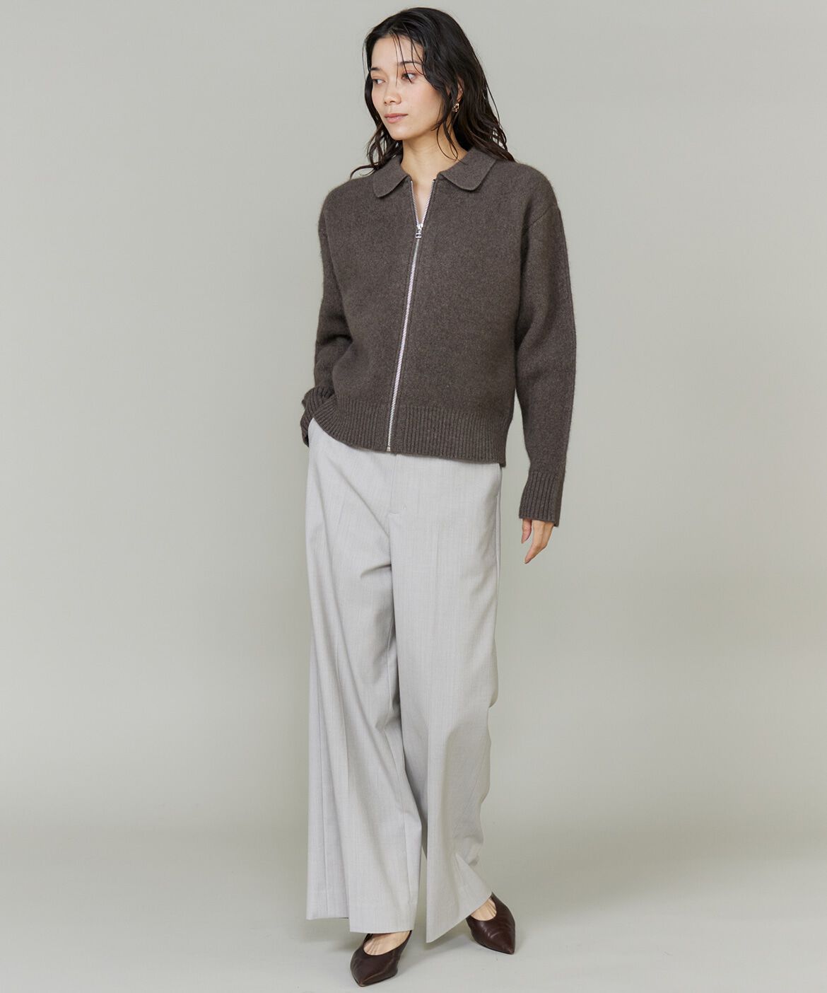 INED「フォックスブレンド襟付きジップカーディガン《YVON》」|カーディガン|