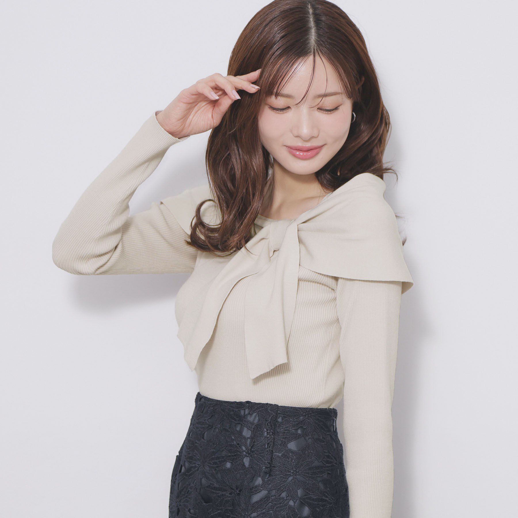 index「オフショルリボンリブニット【洗濯機OK】」|ニット・セーター|