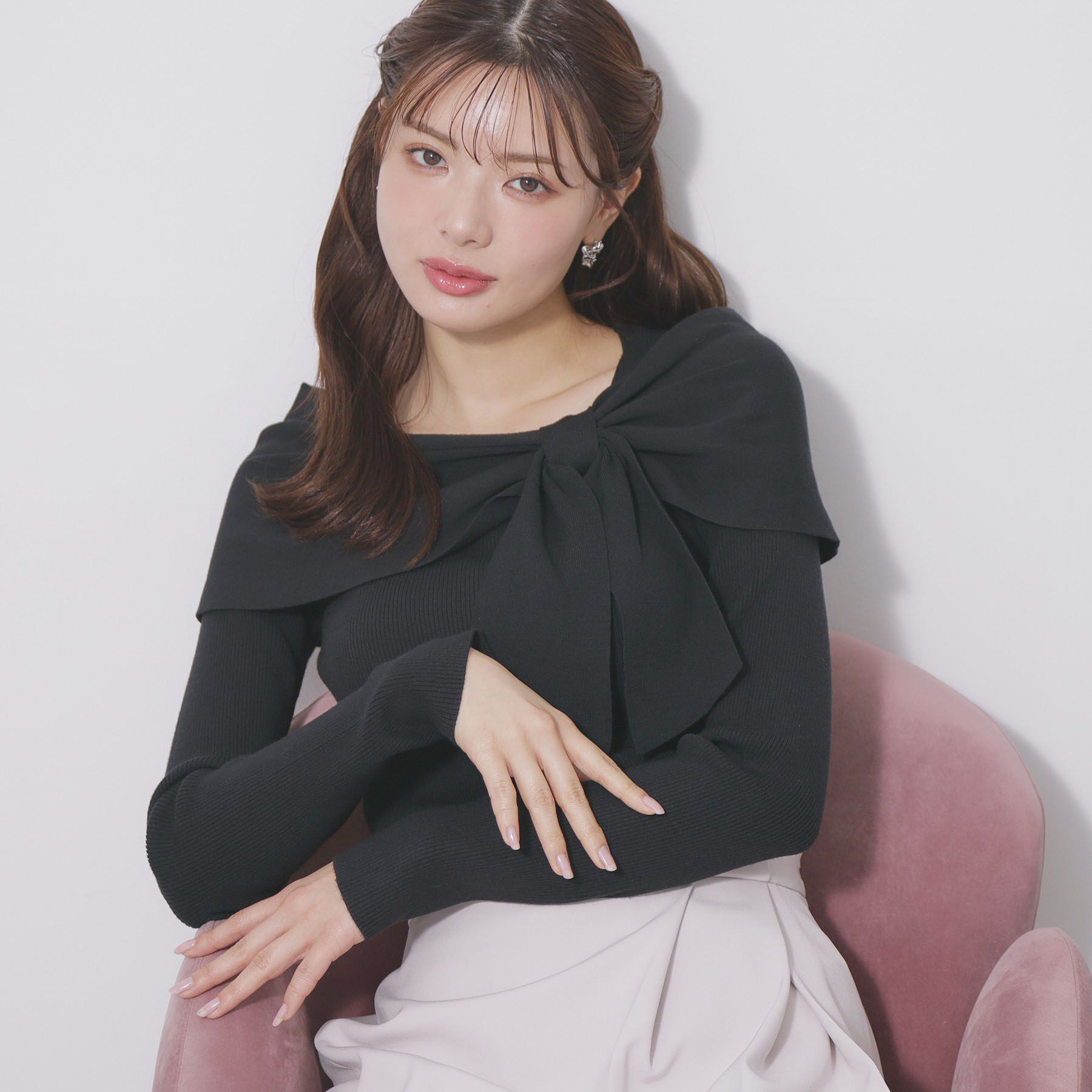 index「オフショルリボンリブニット【洗濯機OK】」|ニット・セーター|ネイビー(094)