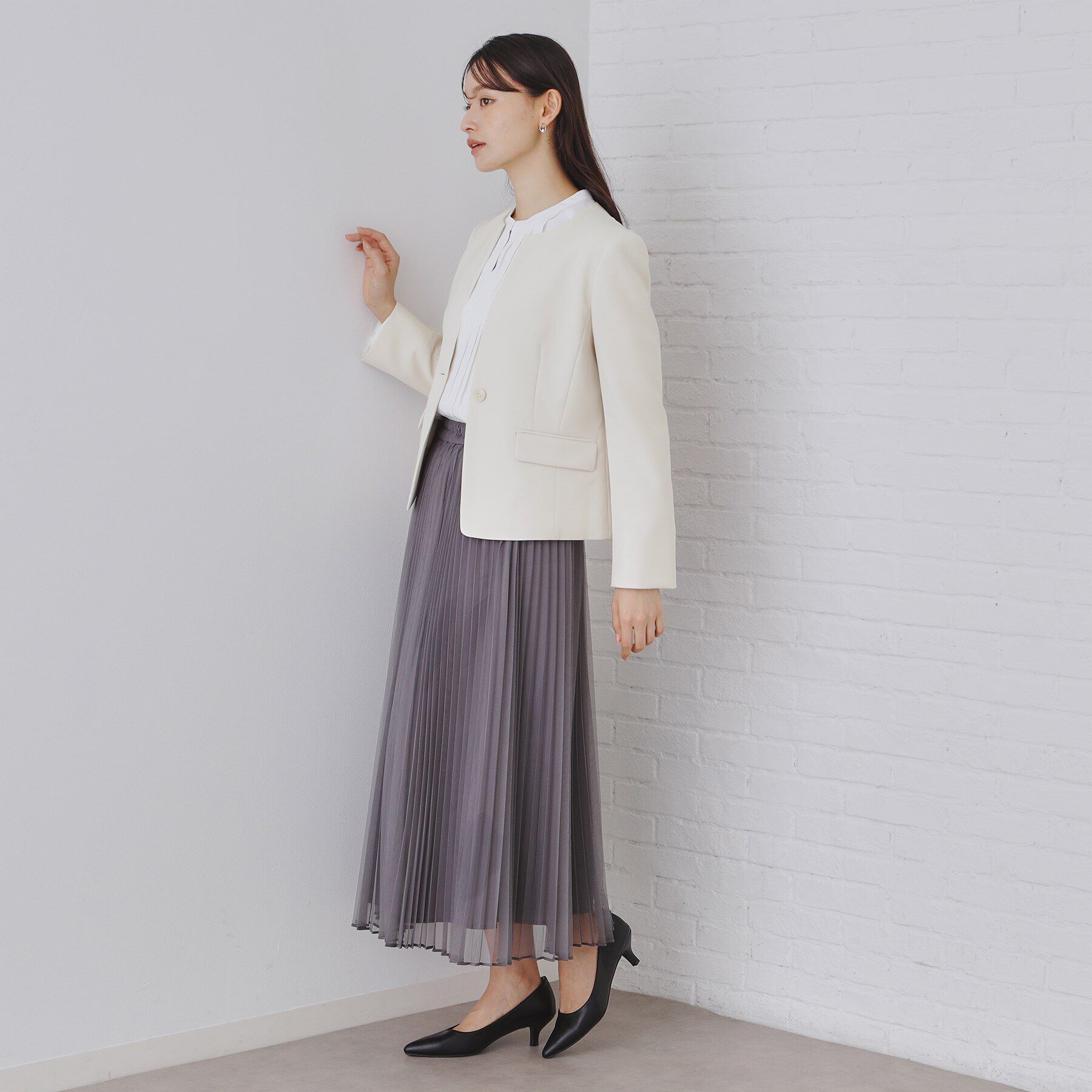 OPAQUE.CLIP「《通勤・セレモニーセットアップ対応》キーネックジャケットダブルクロス【洗濯機洗い可】」|ノーカラージャケット|