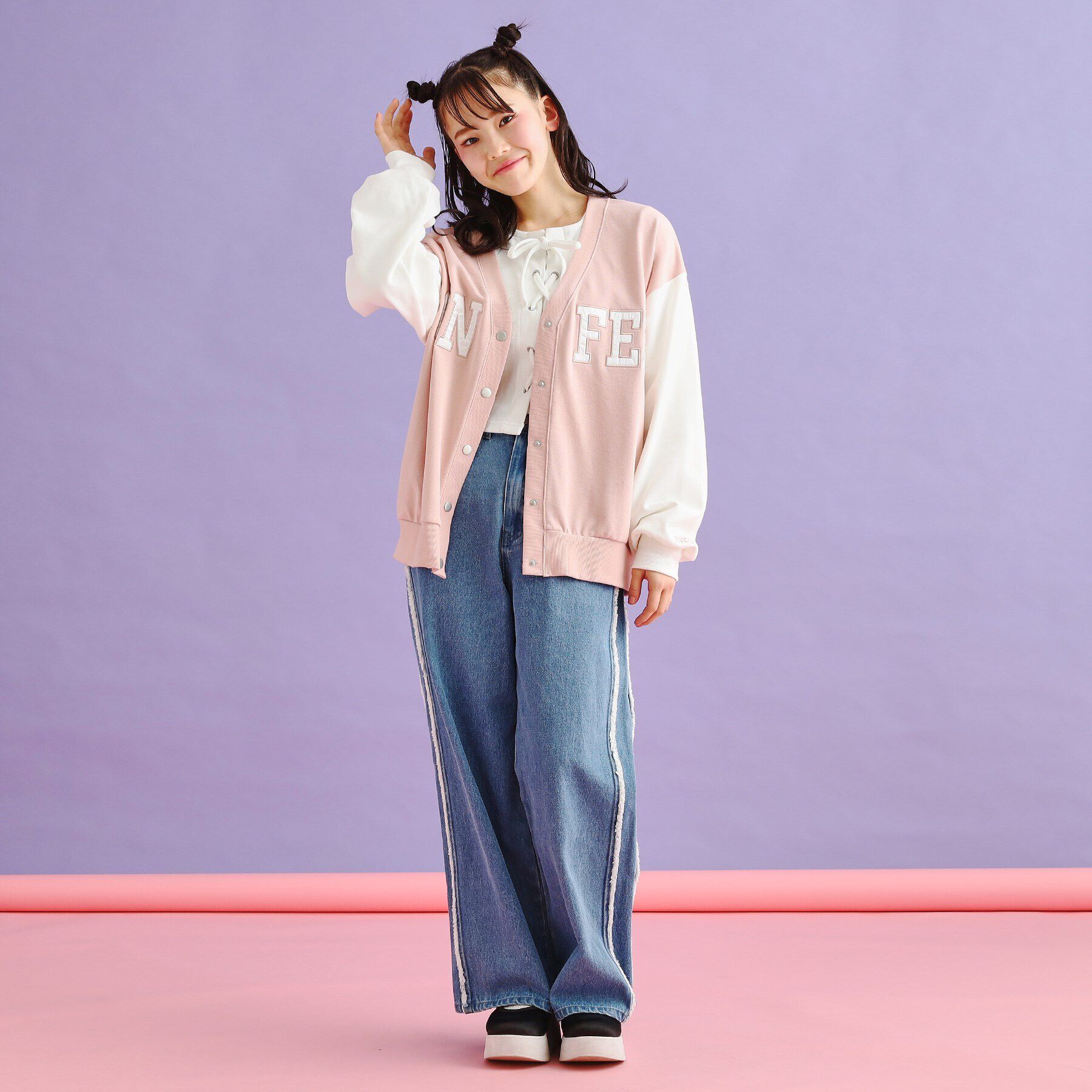 PINK-latte「裏毛配色ロゴカーディガン」|カーディガン|