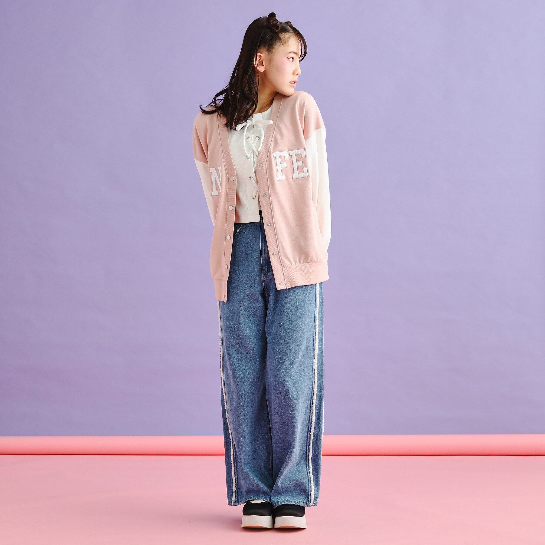 PINK-latte「裏毛配色ロゴカーディガン」|カーディガン|