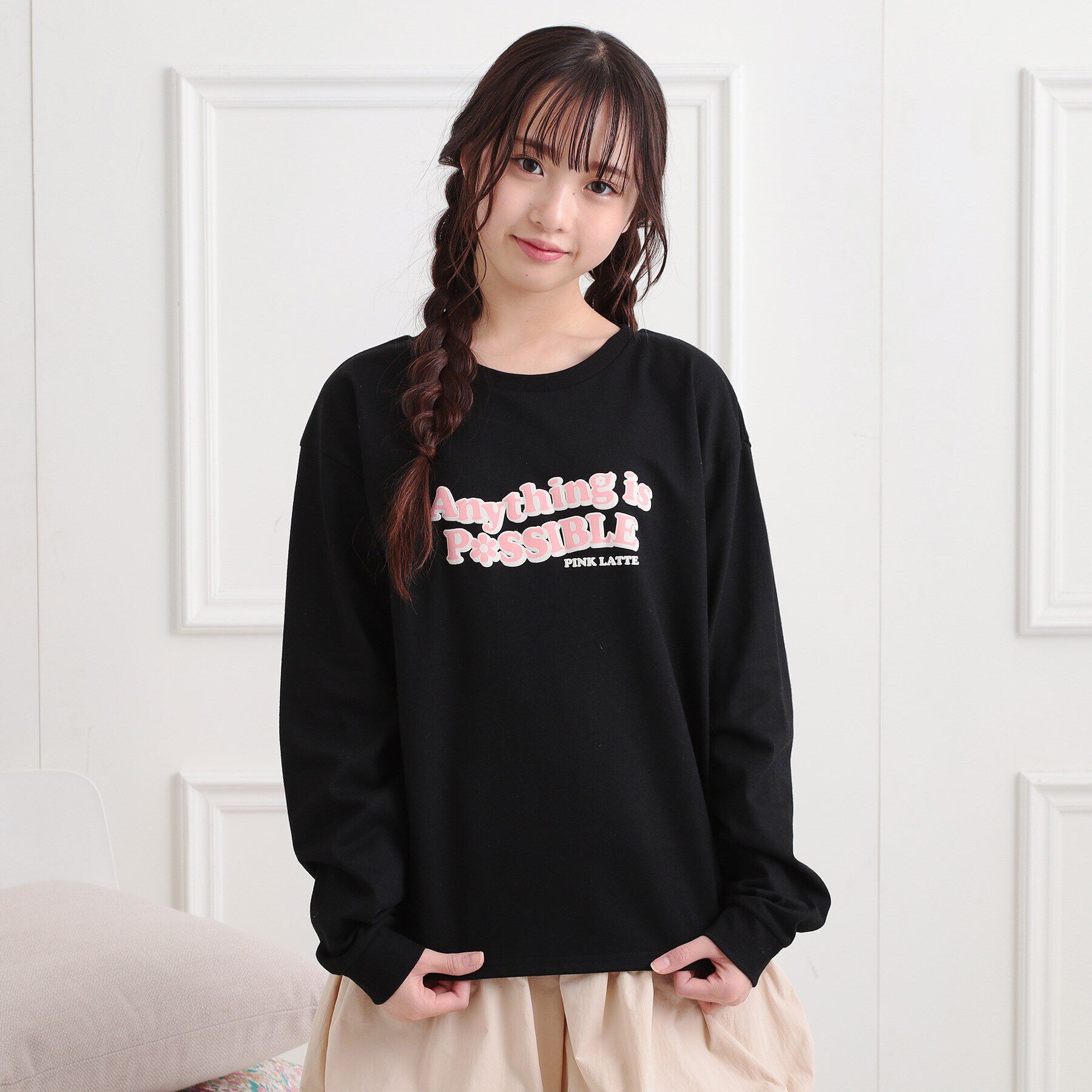 PINK-latte「ロゴ発砲プリントロンT」|Tシャツ・カットソー|ブラック(019)