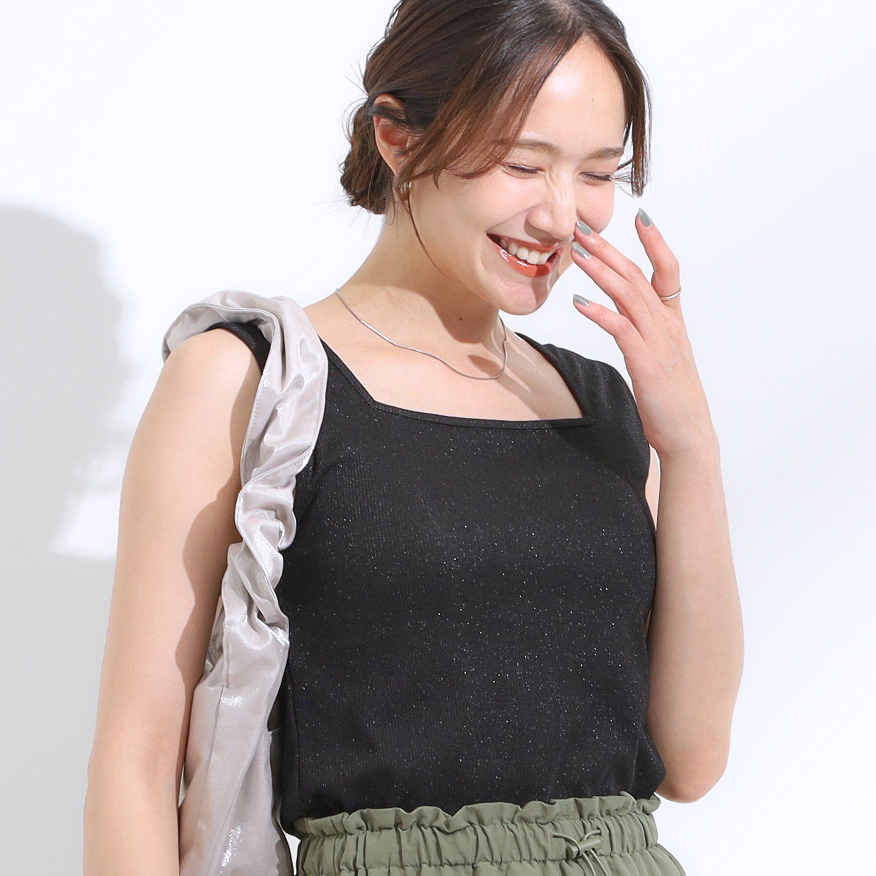 SHOO･LA･RUE「【S-LL】デコルテラインをきれいに魅せる ラメテレコタンクトップ」|キャミソール|ブラック(019)