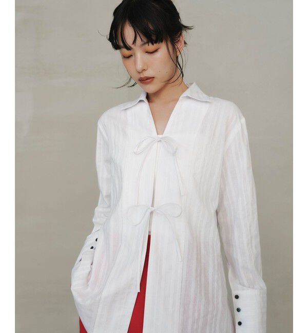 EMMEL REFINES「＜EMMEL REFINES＞EM C/ドビー ストライプ リボン シャツ」|シャツ・ブラウス|WHITE