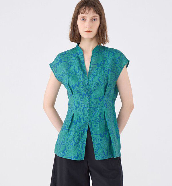 SOULEIADO「リネンプリント キーネックタックブラウス」|シャツ・ブラウス|