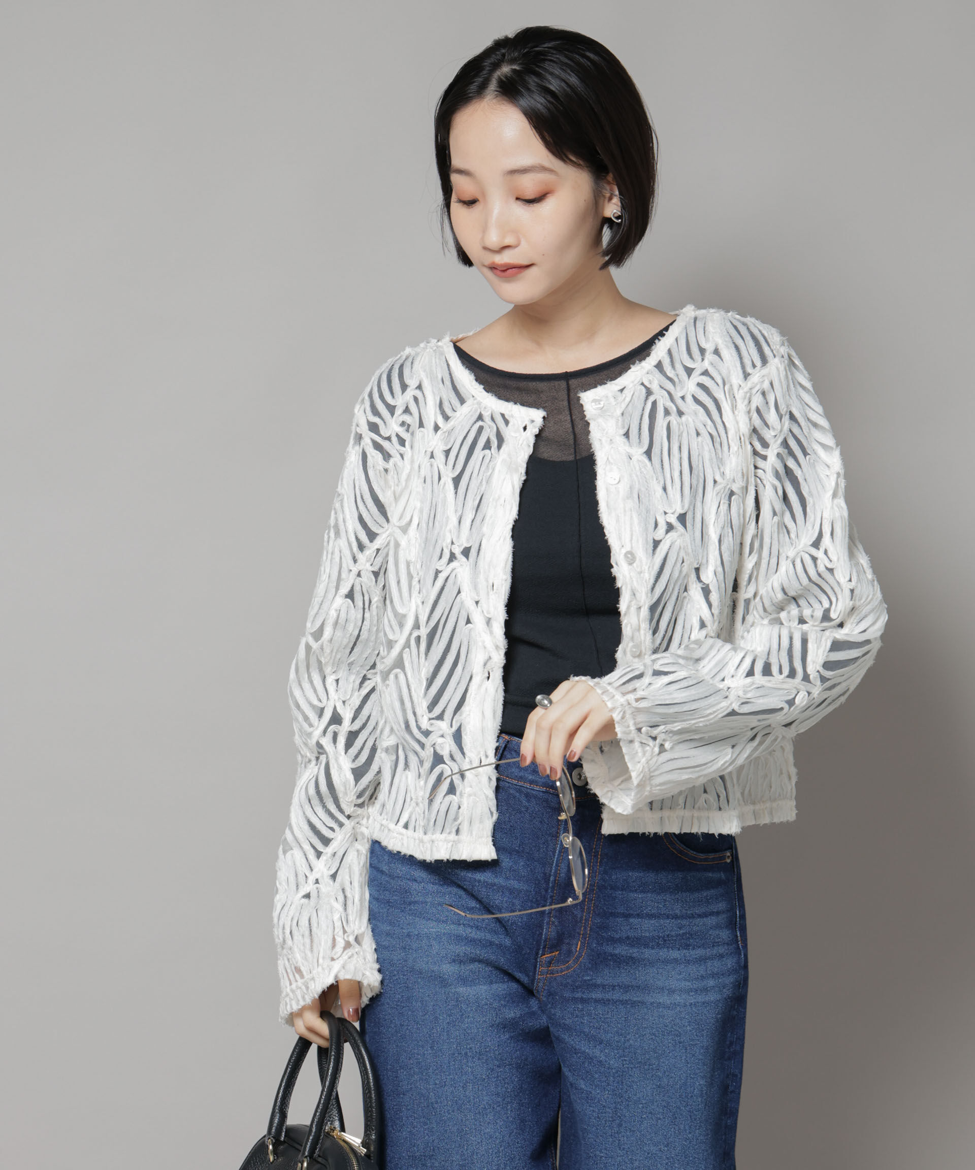 nano･universe「テープ刺繍チュール前後2wayカーディガン(セットアップ可)」|シャツ・ブラウス|