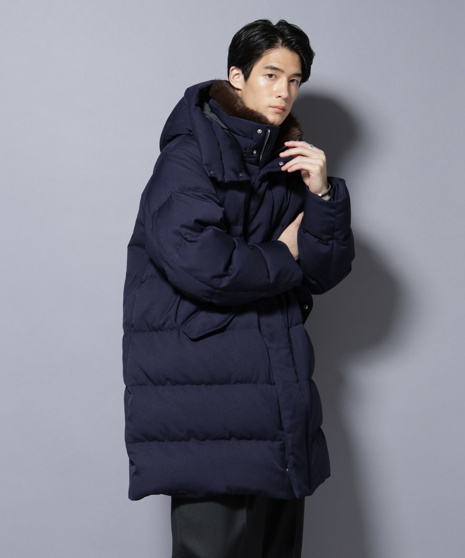 nano･universe「「西川ダウン(R)」フェイクファーカラーサージロングダウン」|ダウン|