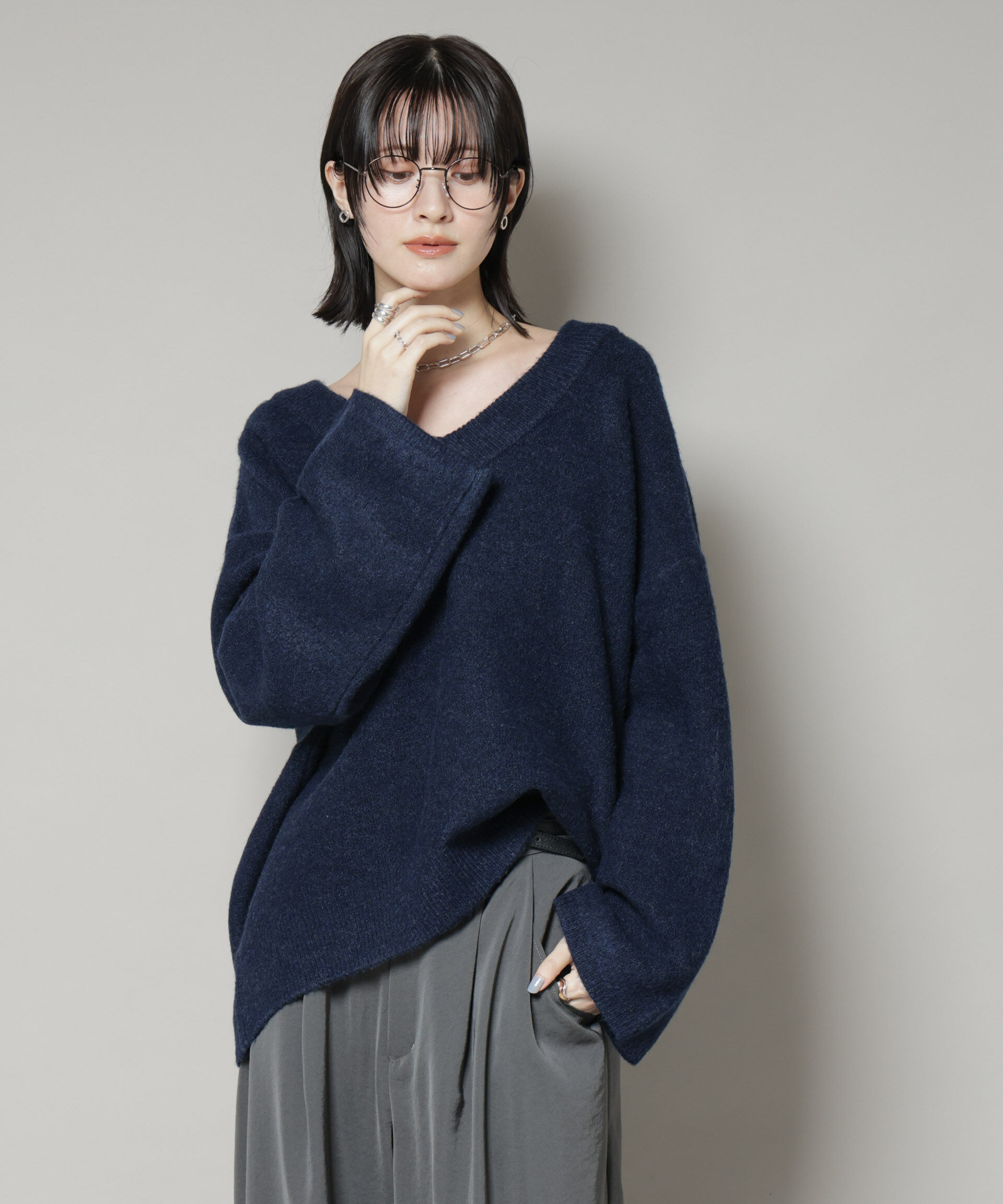 nano･universe「Vネックワイドシルエット圧縮ニット」|ニット・セーター|ネイビー