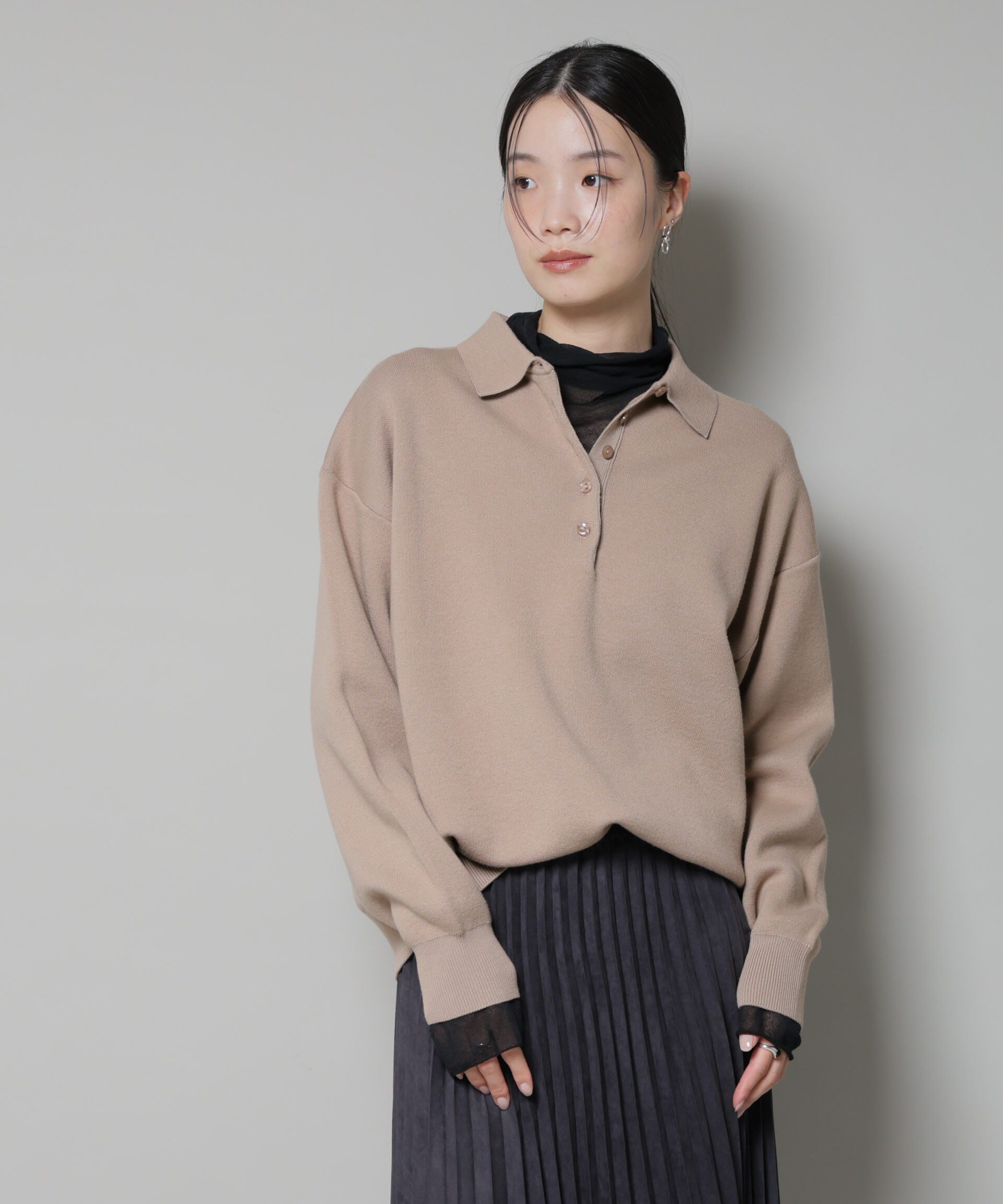nano･universe「スウェットライク衿付きボタンニット」|ニット・セーター|ベージュ