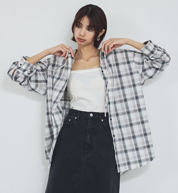 abahouse mavie「【シアー素材】チェックフードシャツ/春服/夏服/ゆったり/羽織り【予約】」|シャツ・ブラウス|
