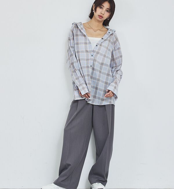 abahouse mavie「【シアー素材】チェックフードシャツ/春服/夏服/ゆったり/羽織り【予約】」|シャツ・ブラウス|