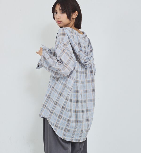 abahouse mavie「【シアー素材】チェックフードシャツ/春服/夏服/ゆったり/羽織り【予約】」|シャツ・ブラウス|