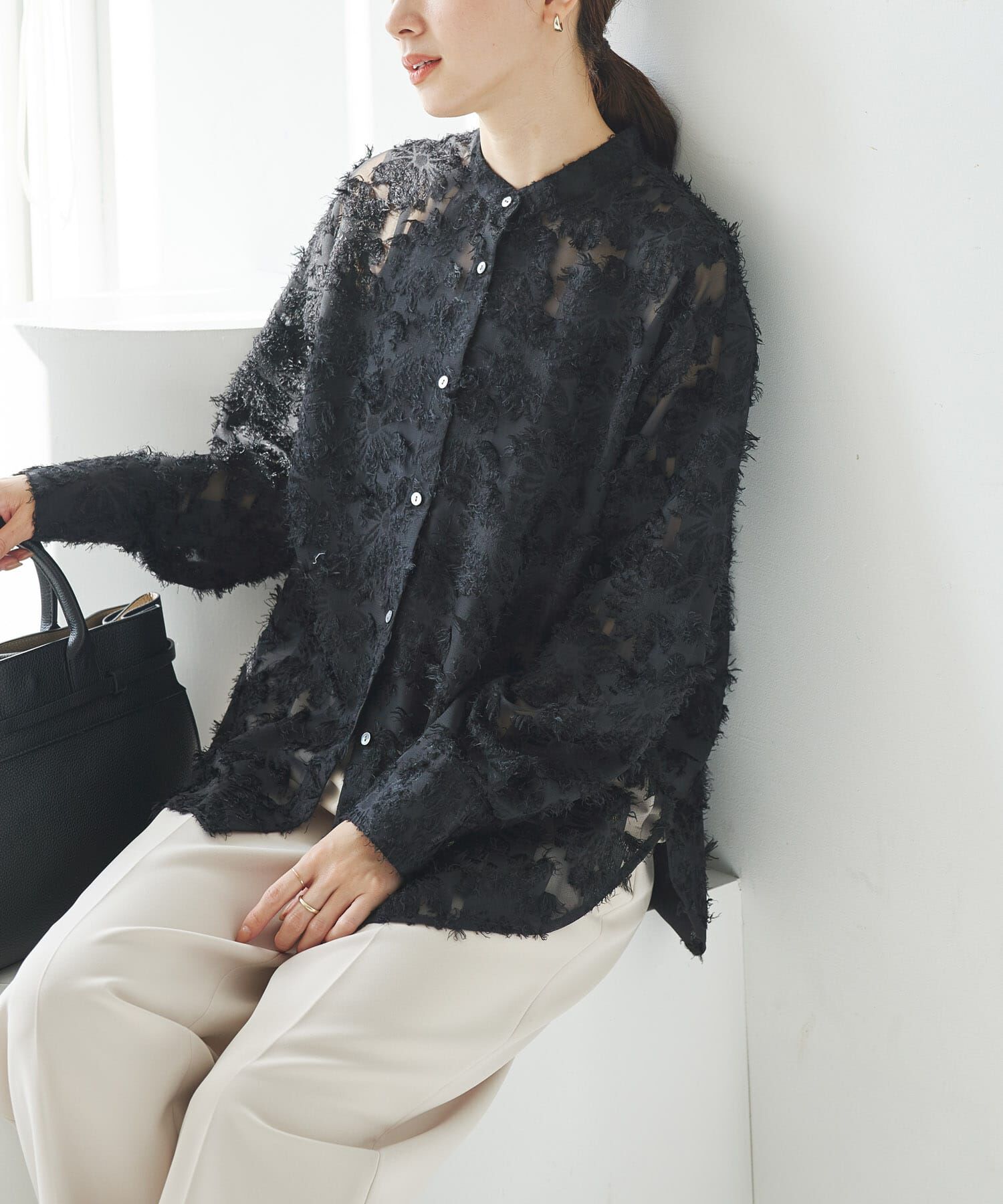 URBAN RESEARCH「カットジャガードバンドカラーシャツ」|シャツ・ブラウス|ブラック