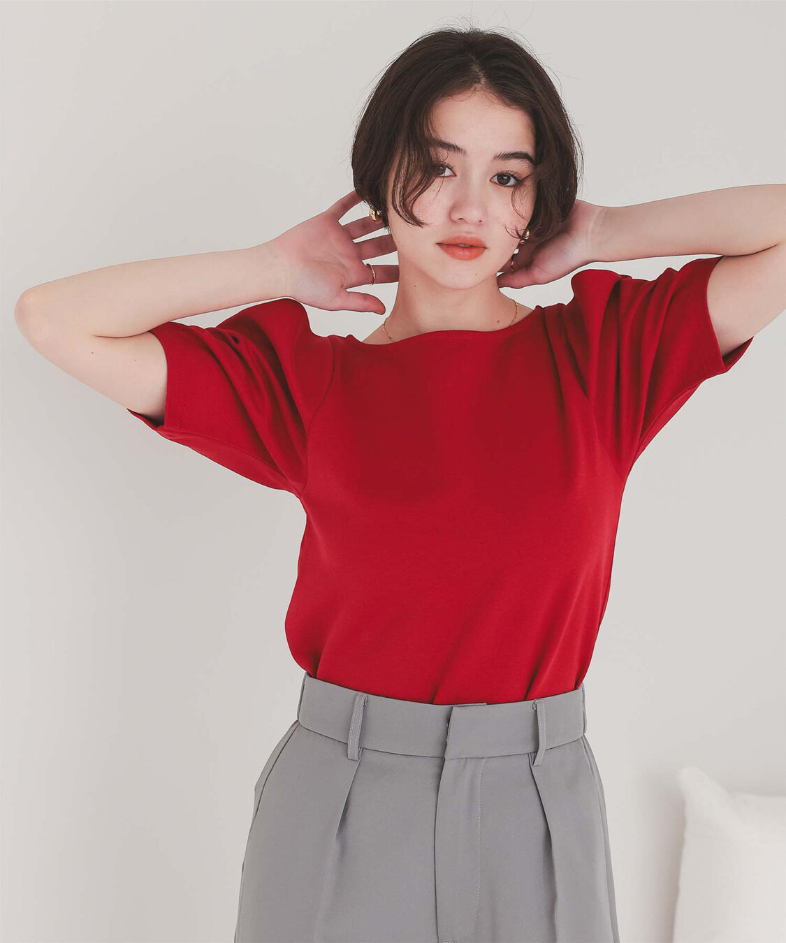 titivate「フォルムスリーブ5分袖カットソー」|Tシャツ・カットソー|レッド