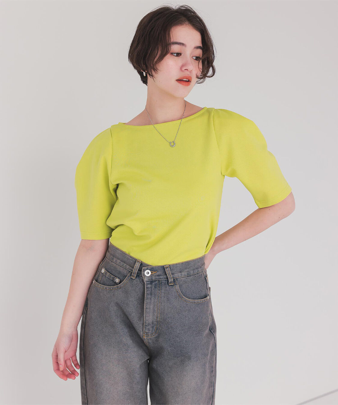 titivate「フォルムスリーブ5分袖カットソー」|Tシャツ・カットソー|イエローグリーン