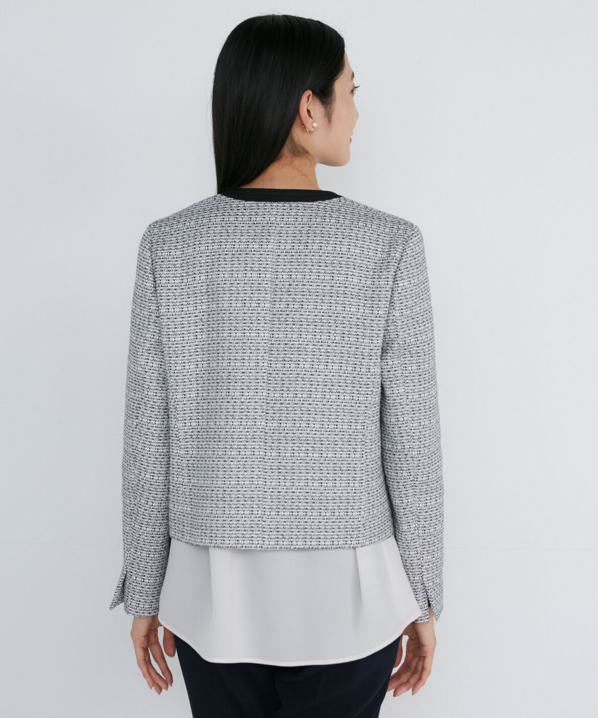 INED「《大きいサイズ》ノーカラーツイードジャケット」|ノーカラージャケット|