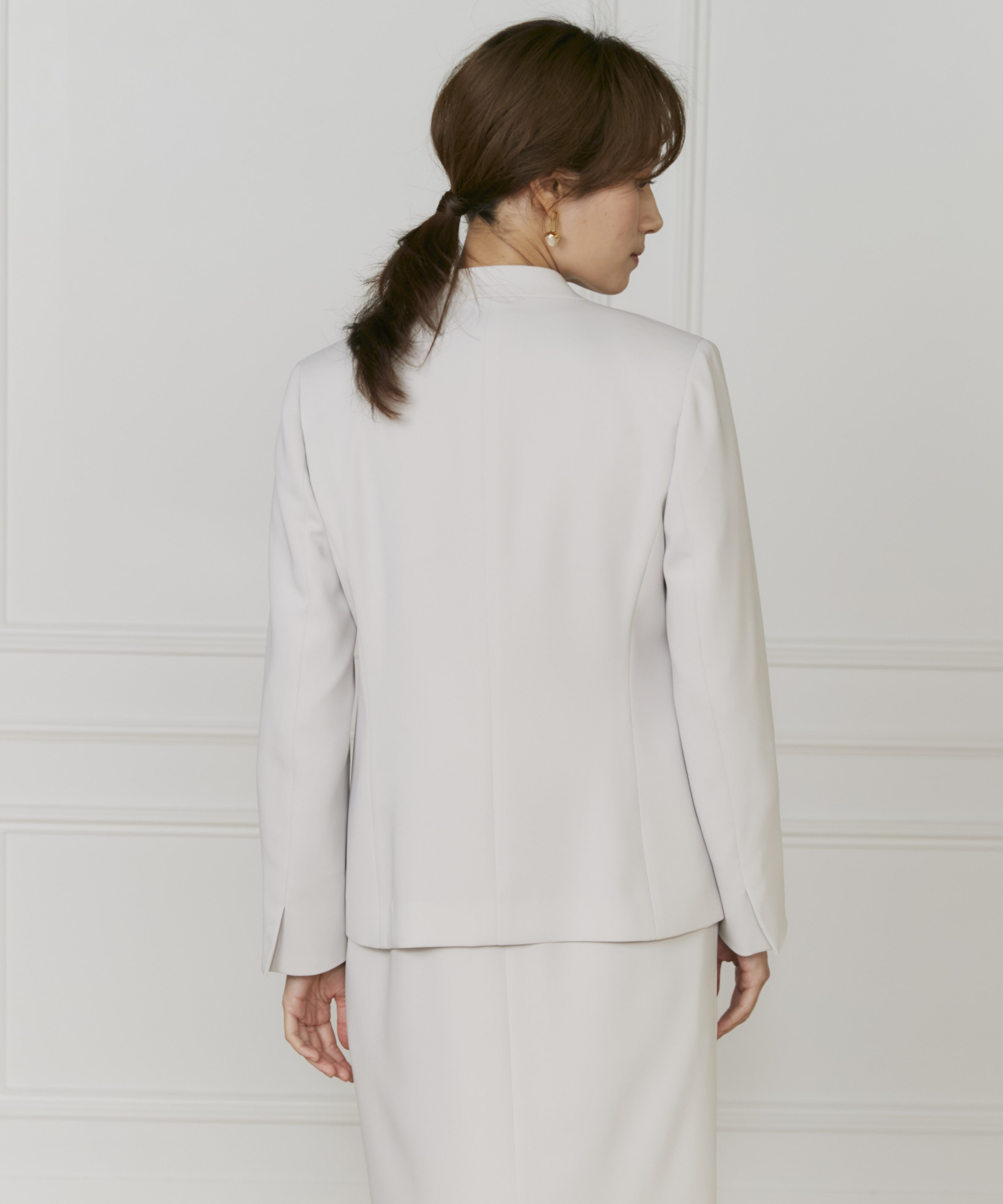 INED「《大きいサイズ》カラーレスジャケット」|ノーカラージャケット|