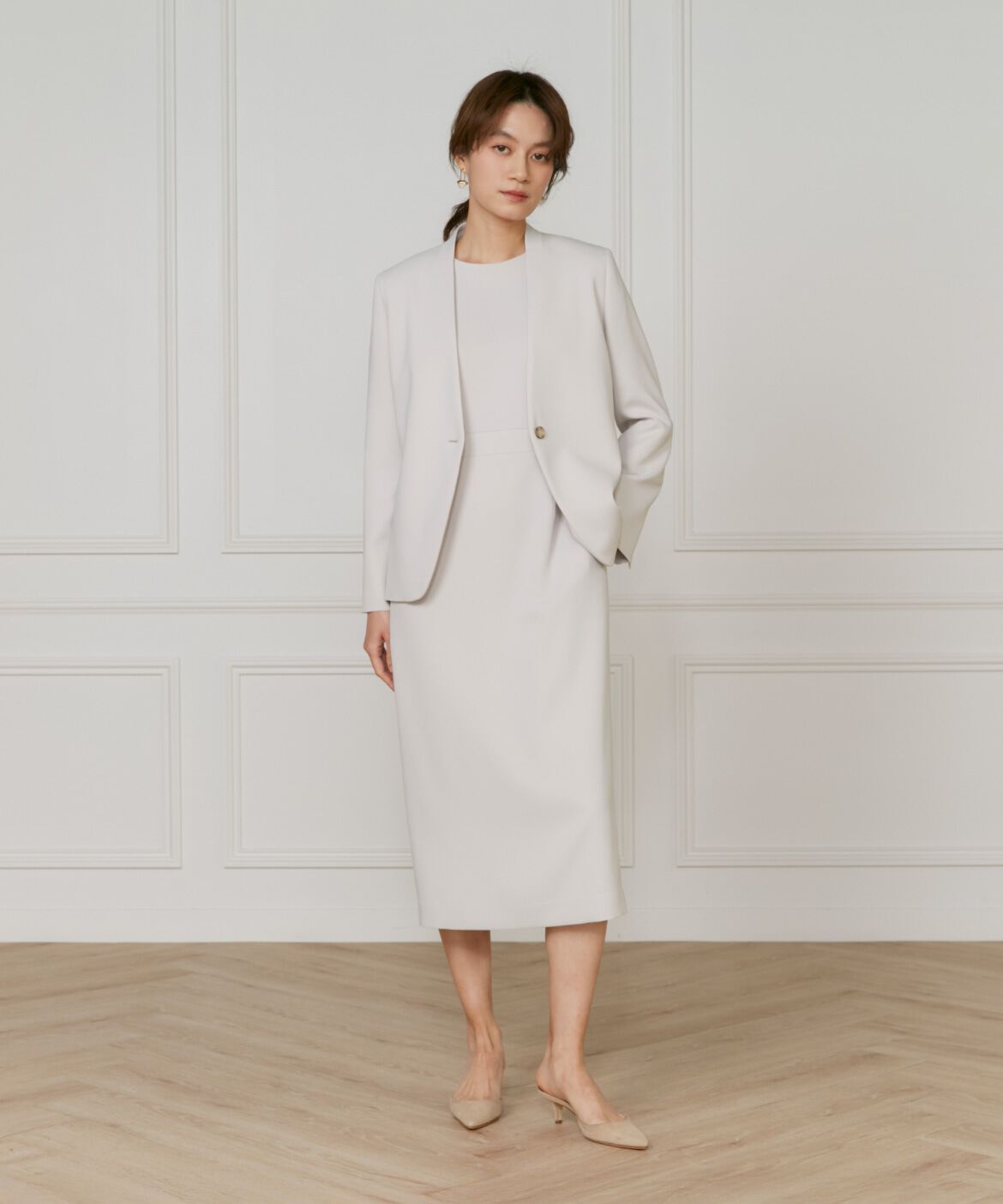 INED「《大きいサイズ》カラーレスジャケット」|ノーカラージャケット|