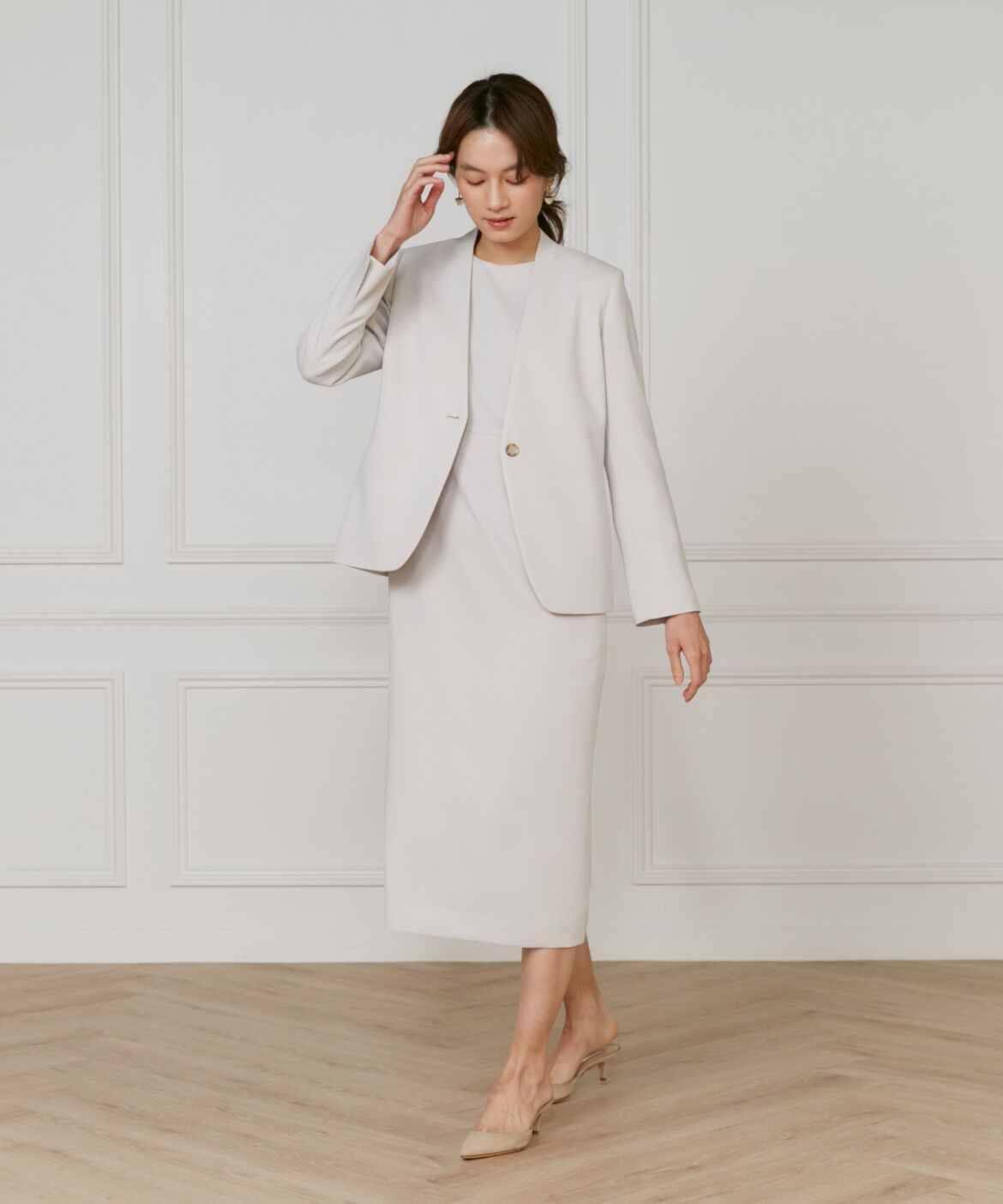 INED「《大きいサイズ》カラーレスジャケット」|ノーカラージャケット|