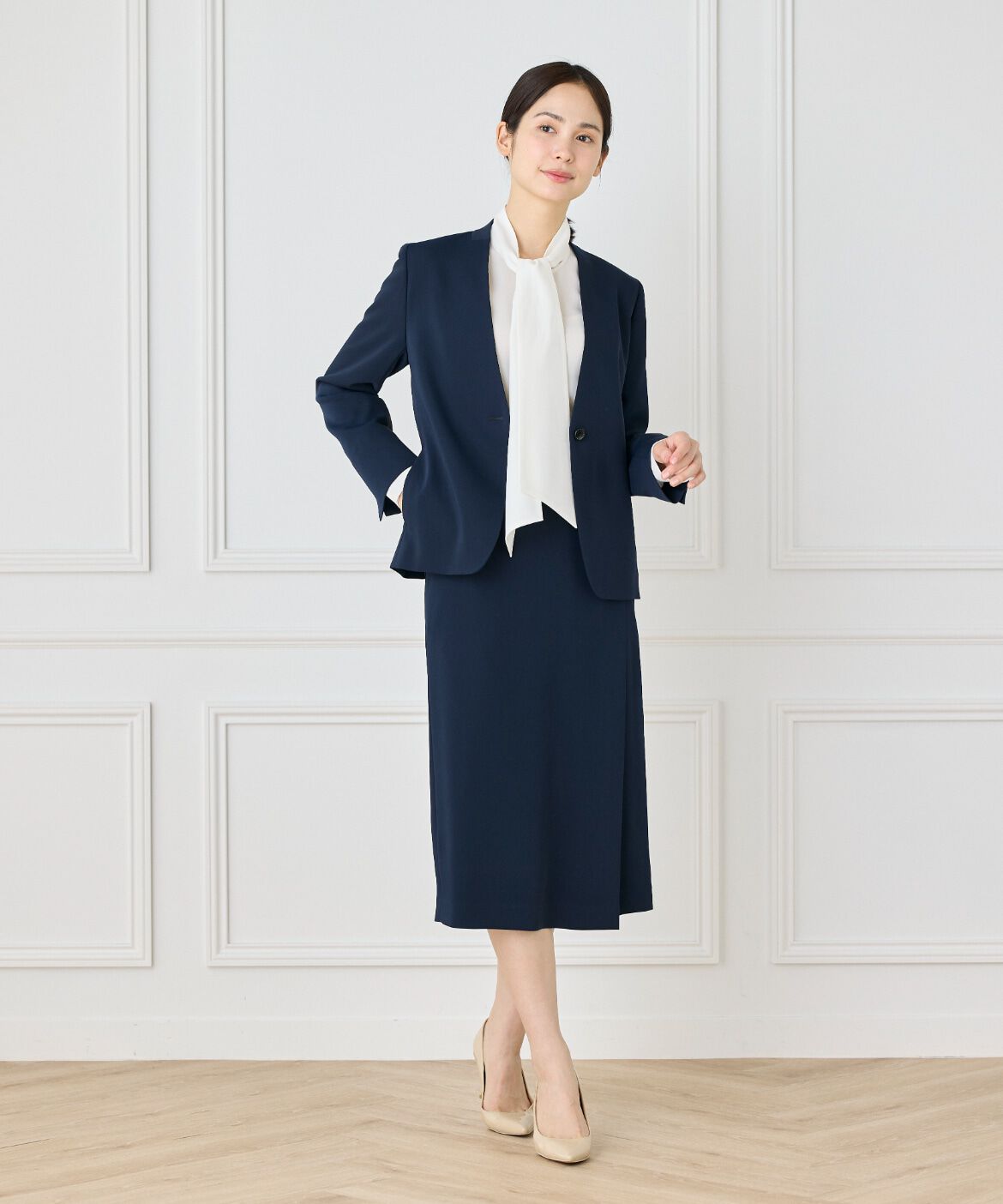 INED「《大きいサイズ》カラーレスジャケット」|ノーカラージャケット|