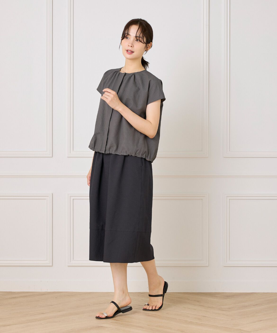 7-IDconcept.「サッカーチェック フレンチスリーブブラウス」|シャツ・ブラウス|