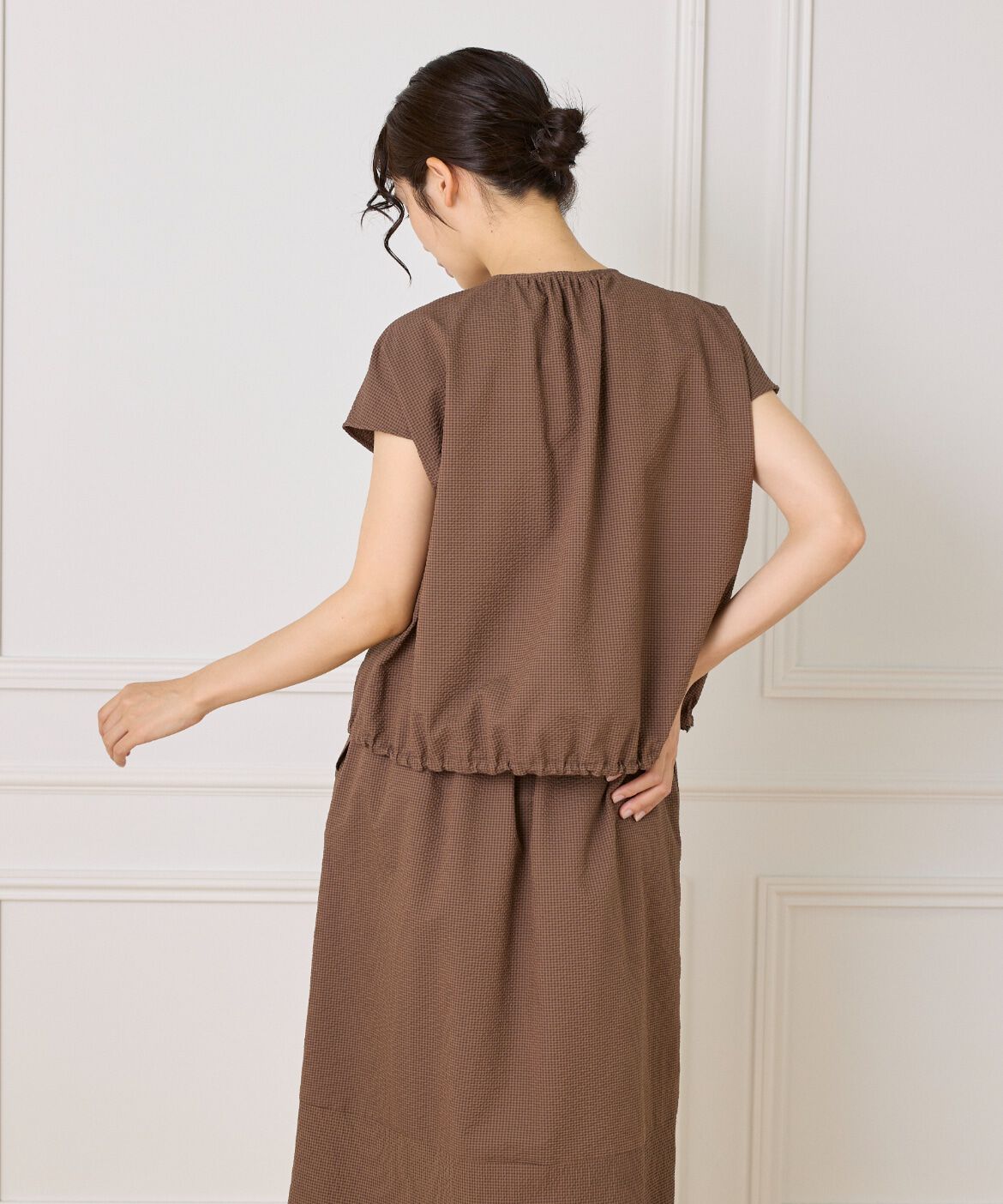 7-IDconcept.「サッカーチェック フレンチスリーブブラウス」|シャツ・ブラウス|