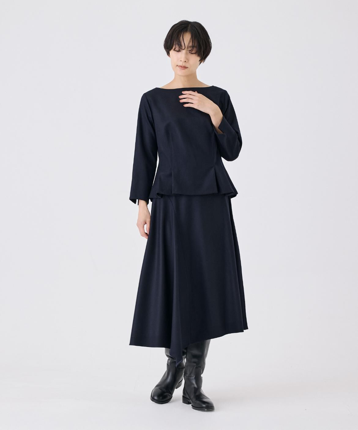 INED「《大きいサイズ》ハイカウントフラノ アシンメトリーフレアスカート」|フレア|