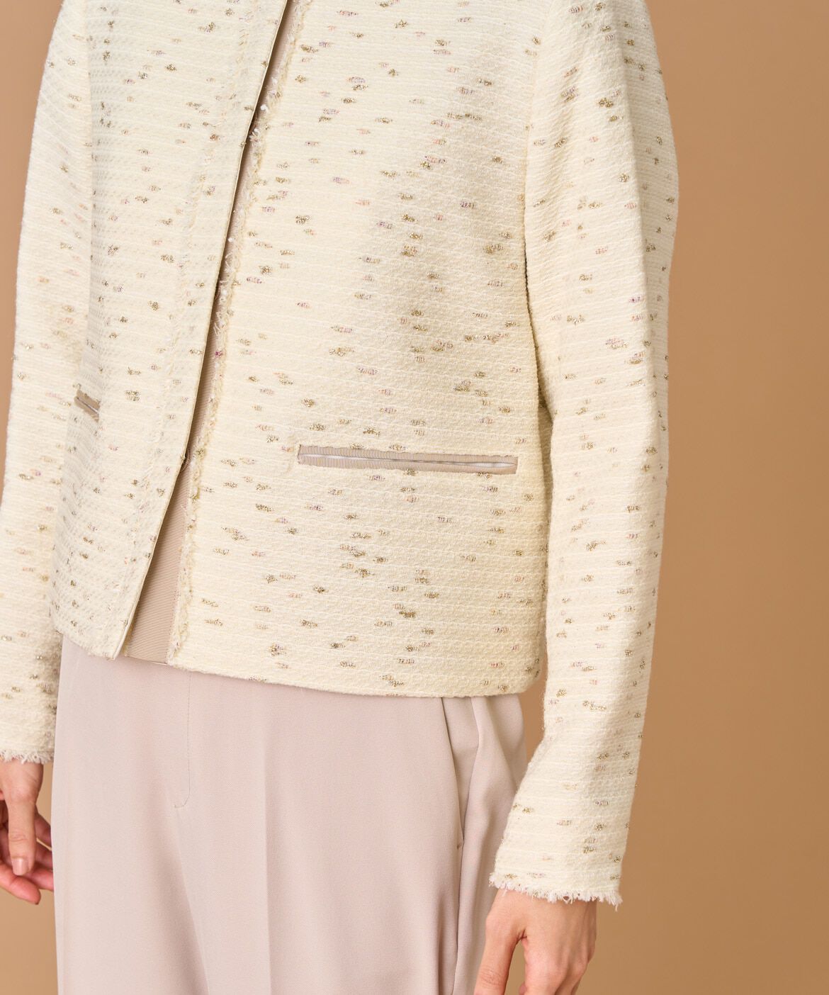 INED「ノーカラーツイードジャケット《LINTON》」|ノーカラージャケット|