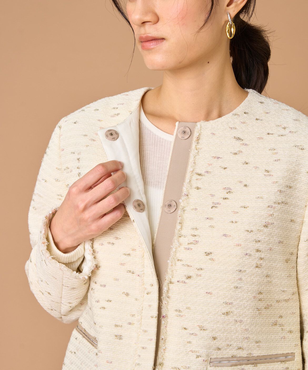 INED「ノーカラーツイードジャケット《LINTON》」|ノーカラージャケット|