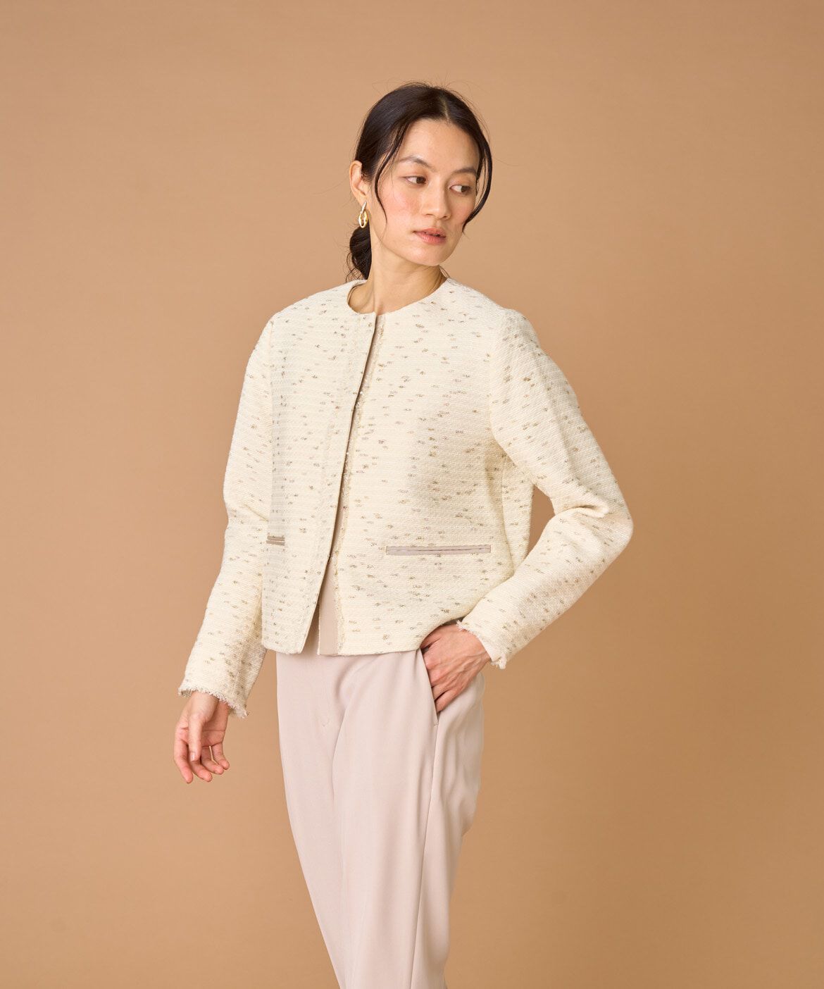 INED「ノーカラーツイードジャケット《LINTON》」|ノーカラージャケット|