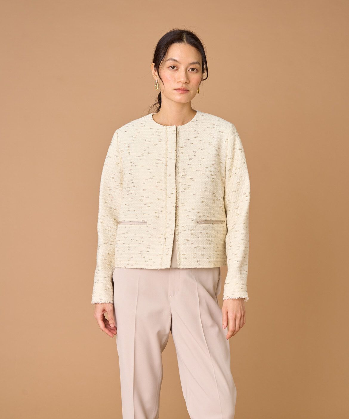 INED「ノーカラーツイードジャケット《LINTON》」|ノーカラージャケット|