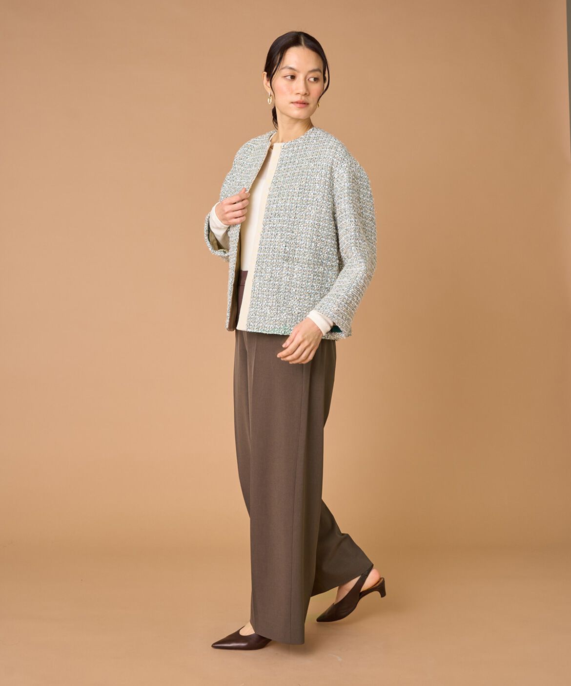 INED「ツイードジャケット《LINTON》」|ノーカラージャケット|