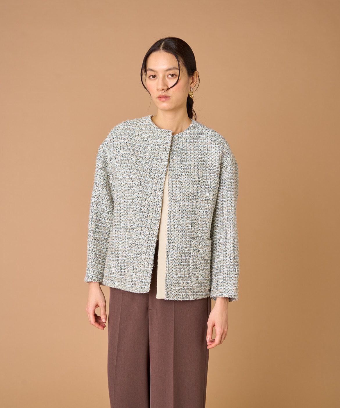 INED「ツイードジャケット《LINTON》」|ノーカラージャケット|