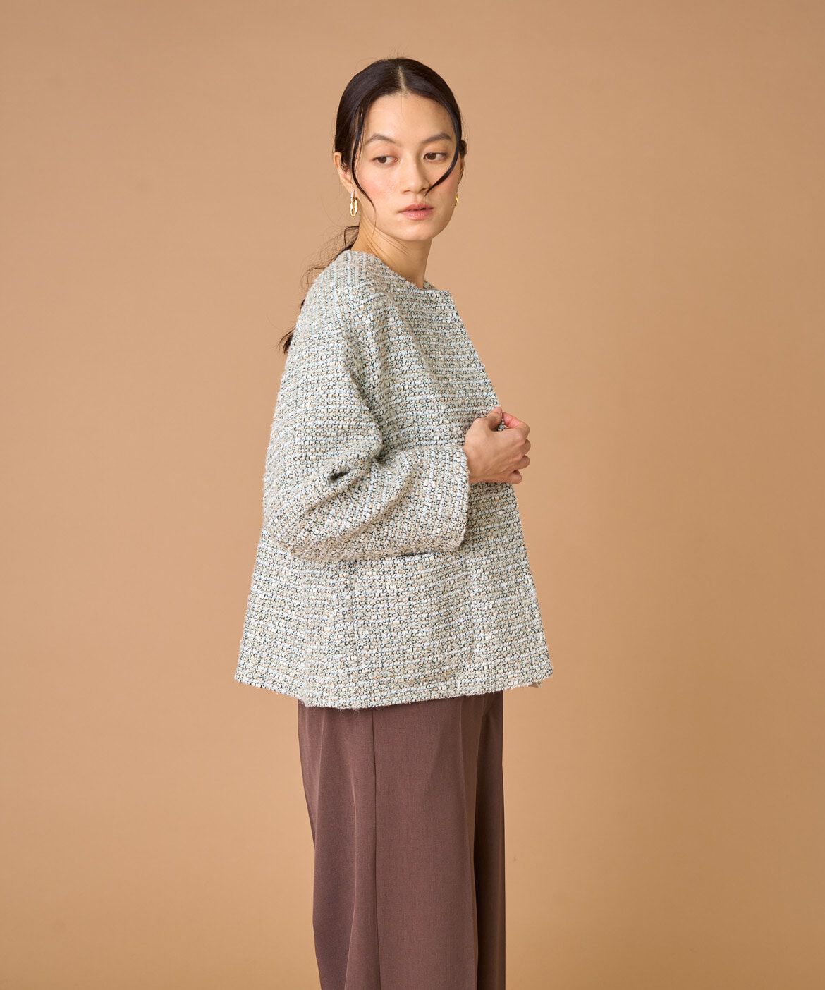 INED「ツイードジャケット《LINTON》」|ノーカラージャケット|