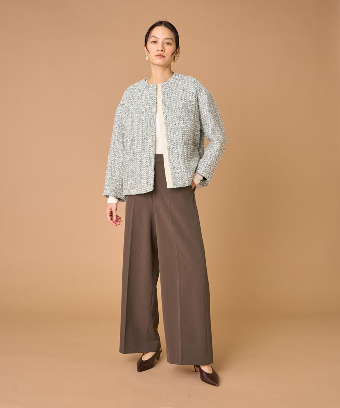 INED「ツイードジャケット《LINTON》」|ノーカラージャケット|