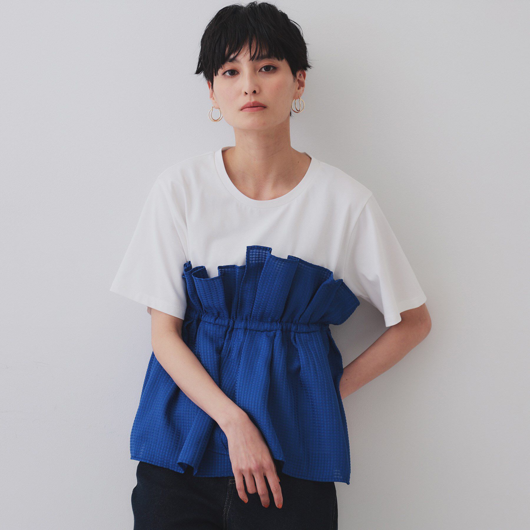 OPAQUE.CLIP「シアーギンガムドッキングペプラムカットソー【洗濯機洗い可】」|Tシャツ・カットソー|