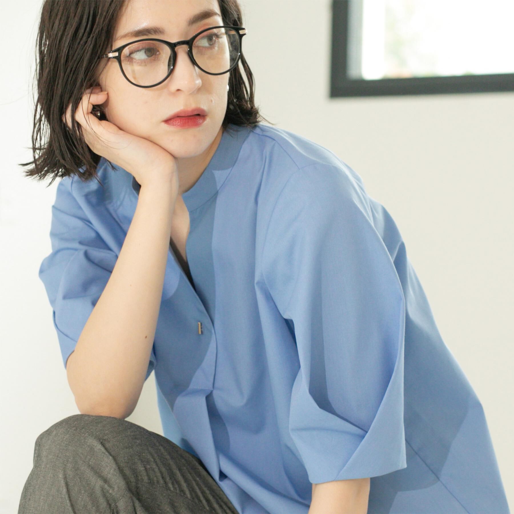 OPAQUE.CLIP「スキッパータックスリーブブラウス【洗濯機洗い可】」|シャツ・ブラウス|ブルー(891)