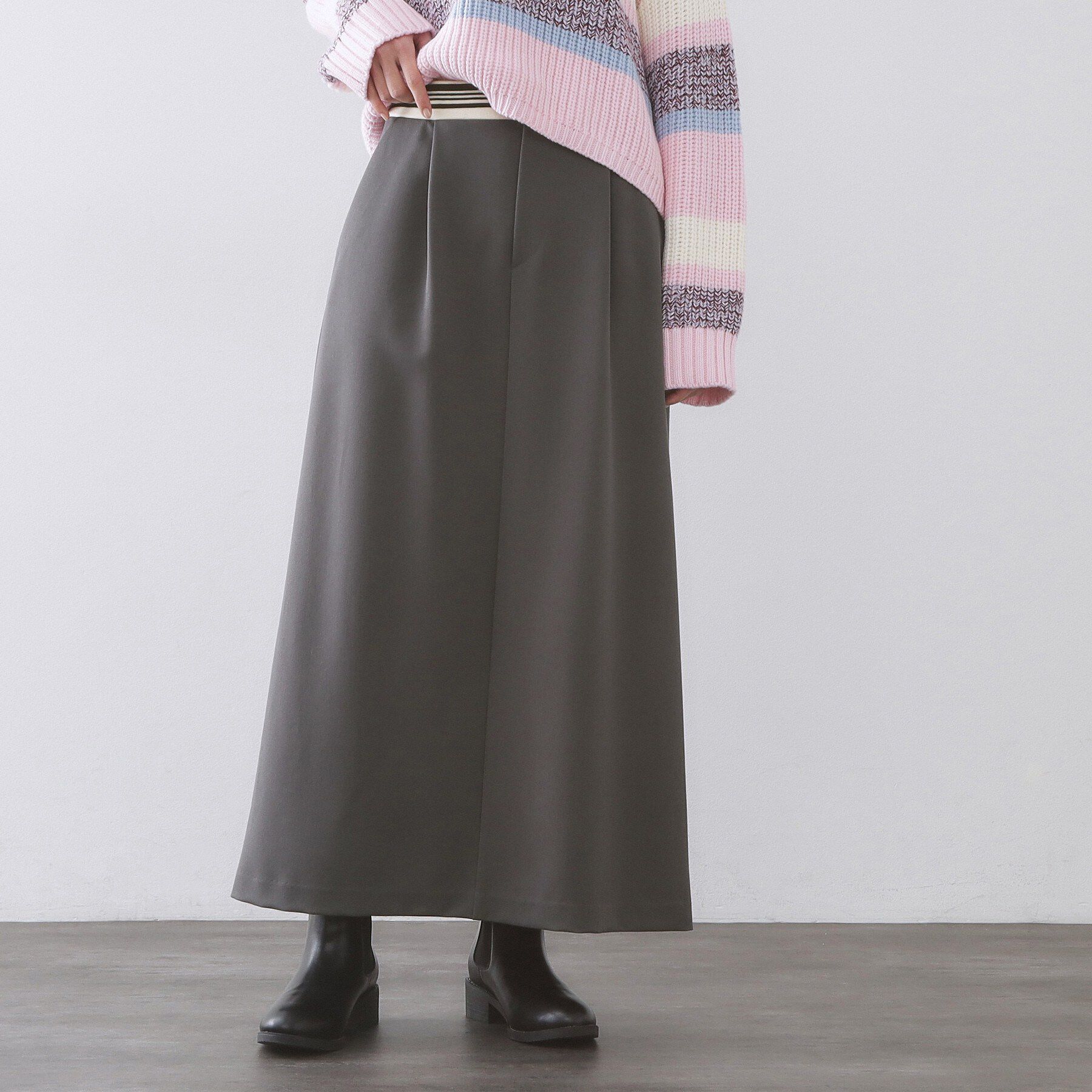 OPAQUE.CLIP「ボーダーリブ使いナロースカート【洗濯機OK】」|スカート|チャコールグレー(0