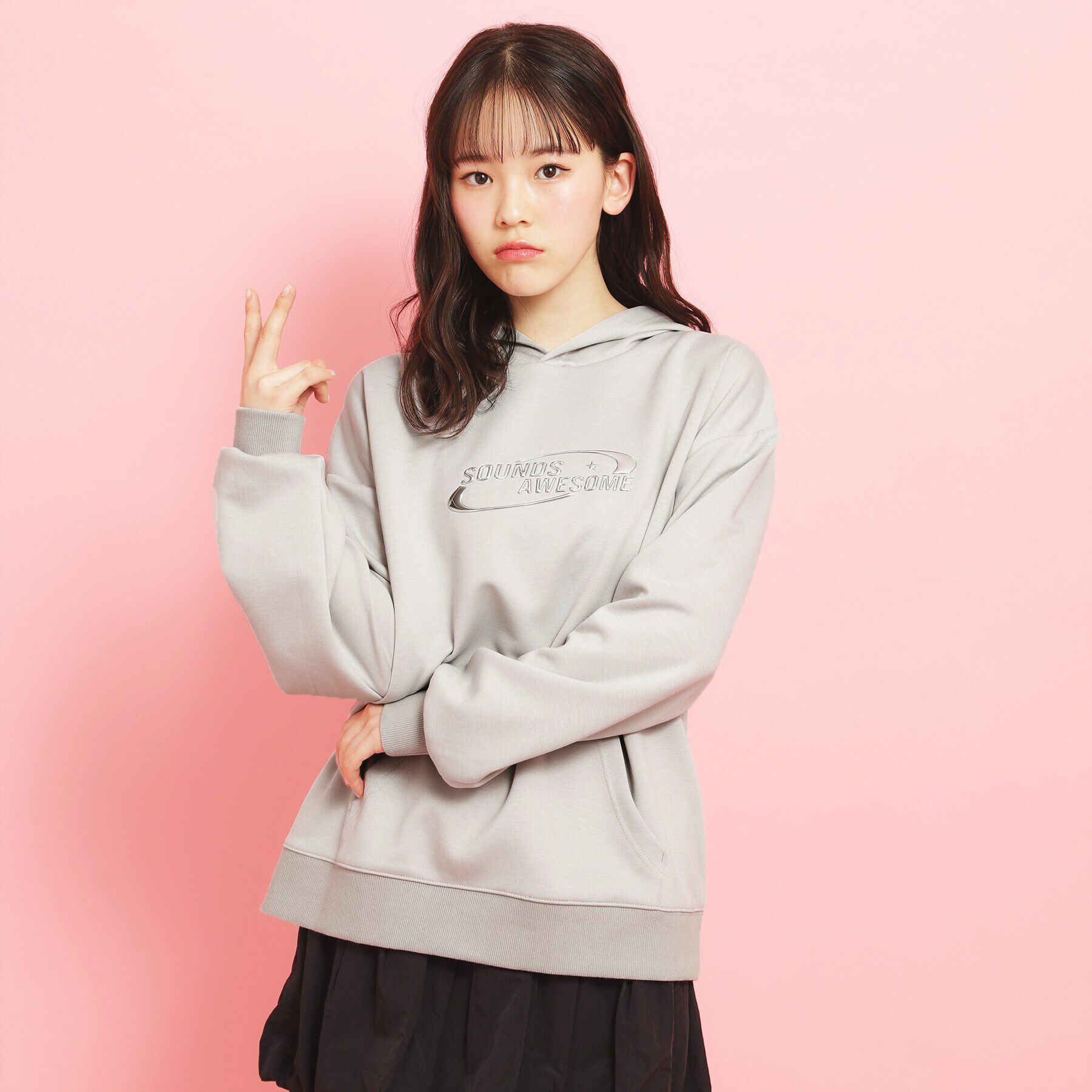 PINK-latte「シルバーワッペンポンチパーカ」|パーカー|グレー(012)