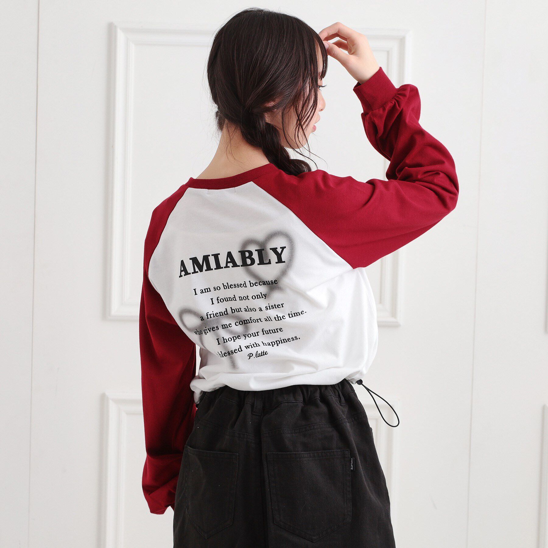 PINK-latte「スプレープリントラグランロンT」|Tシャツ・カットソー|ボルドー(164)