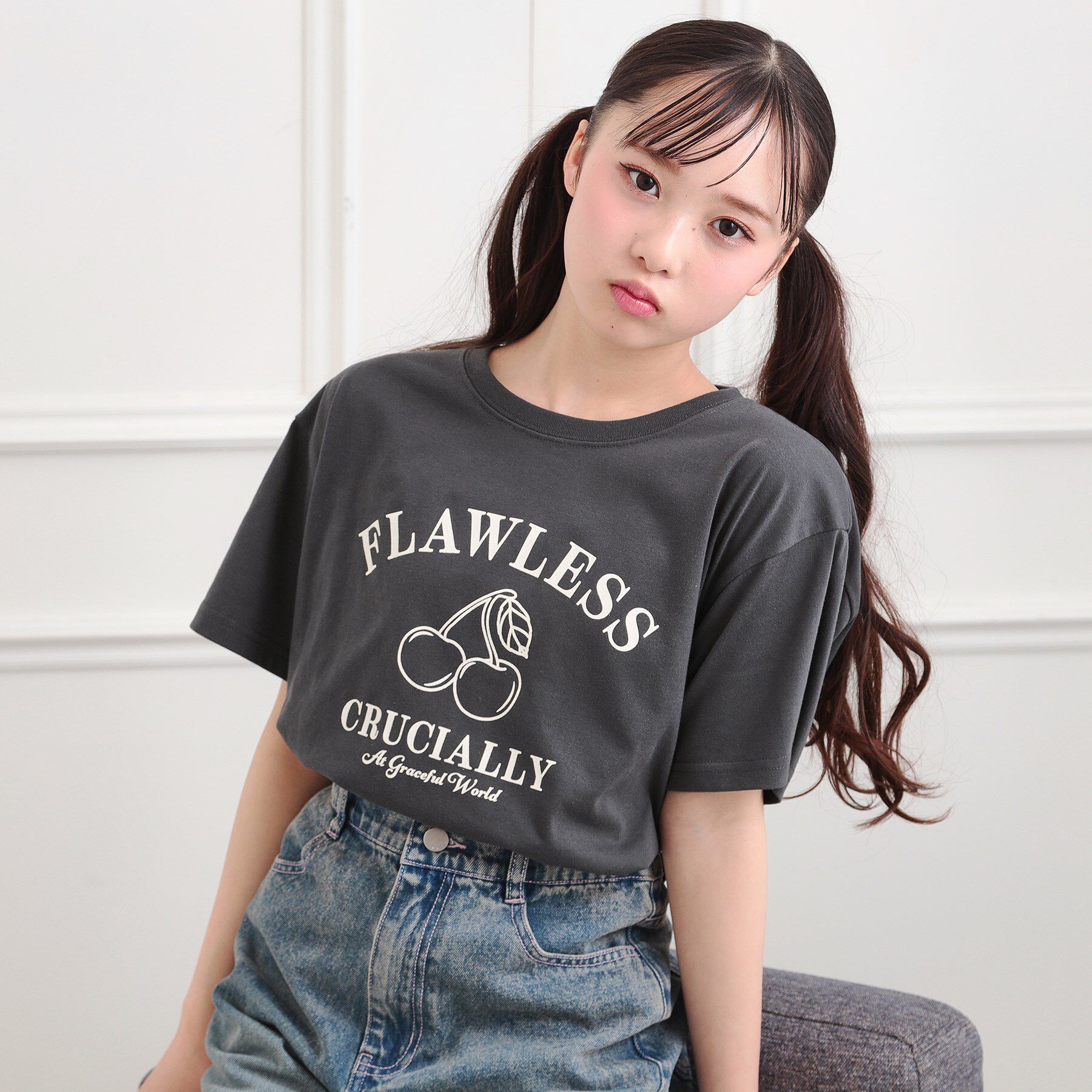 PINK-latte「チェリーモチーフTシャツ」|Tシャツ・カットソー|チャコールグレー(0